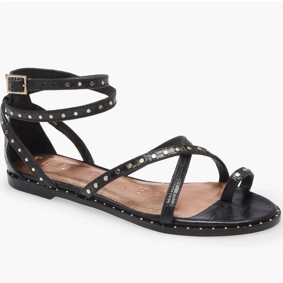 Ted Baker Mathar Black Croc Leather Ankle Strap Studded Gladiator Sandals 39.5 9 - Picture 1 of 9